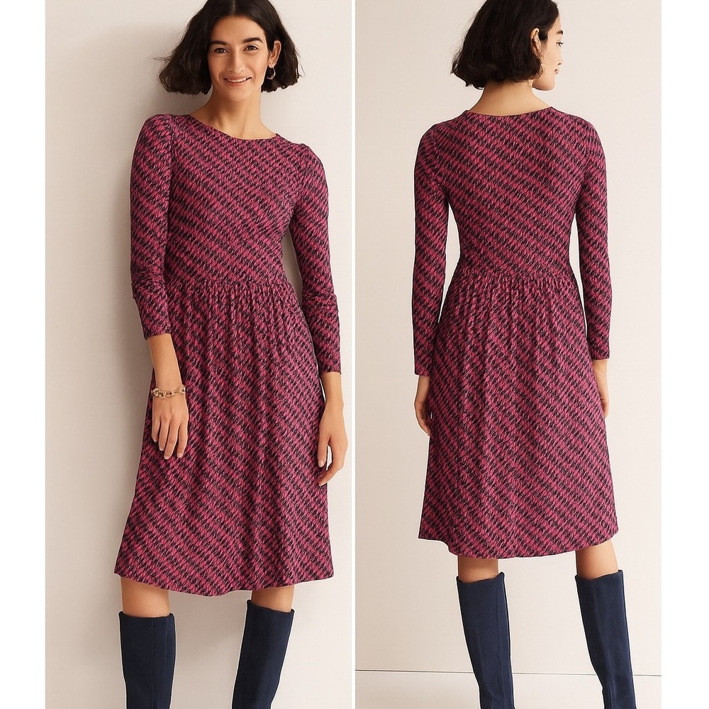 Boden Fit & Flare Dress Womens 4R Red Navy Geo Print Long‎ Sleeve Stretch NWT